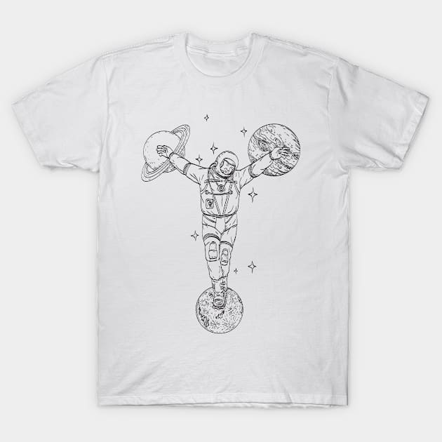 Astronaut Wearing Spacesuit Crucified on Planet Saturn Jupiter and Moon Line Art Drawing T-Shirt by patrimonio